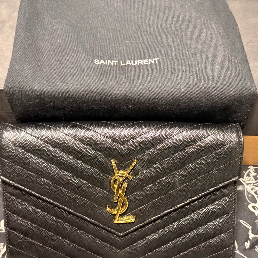 Saint Laurent Black Chevron Clutch with Gold Logo
